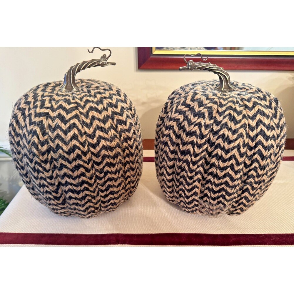 Lot Of 2 BLACK & TAN CHEVRON BURLAP Pumpkins: Autumn • Thanksgiving • Halloween